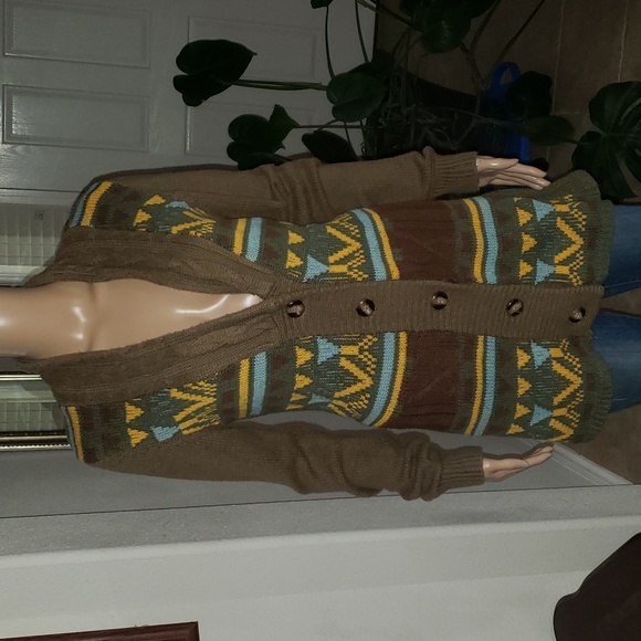 BKE Sweaters - BKE Sweater Womens Large Green Brown Yellow Aztec Cardigan Button Up Buckle m
